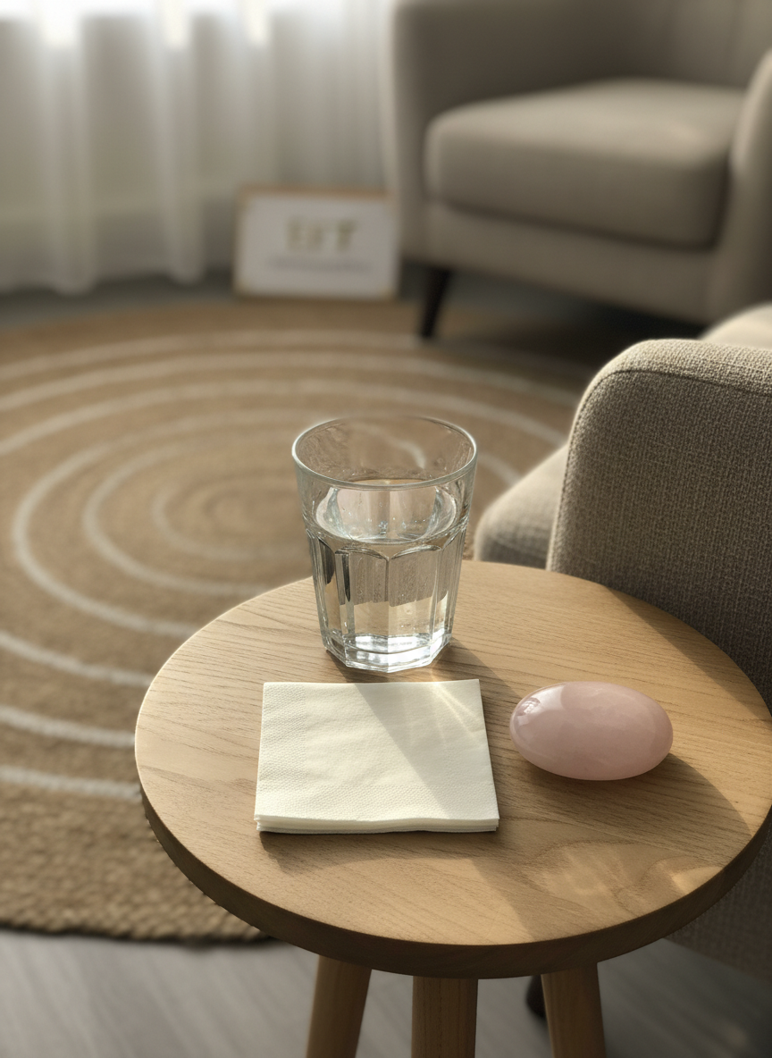 A small, round wooden table in a tranquil therapy room holds a clear glass of water with tiny condensation droplets and a neatly stacked pair of soft, cream-colored tissues, folded precisely. Next to them lies a smooth, palm-sized worry stone made of rose quartz, its polished surface catching the light. The background shows a blurred, cozy corner with a neutral-toned armchair and a woven rug. Diffused daylight from a side window illuminates the scene, creating a gentle, comforting atmosphere. Photographed from a slightly elevated angle with realistic detail, the composition suggests a safe, supportive space for emotional healing with EFT in Northampton, without depicting any people.